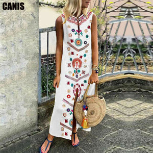 Women Summer Long Dress Floral Print Causal Boho Dress Sleeveless Slit Lady Maxi Size 5XL Sundress Summer Beach Dresses Vestido